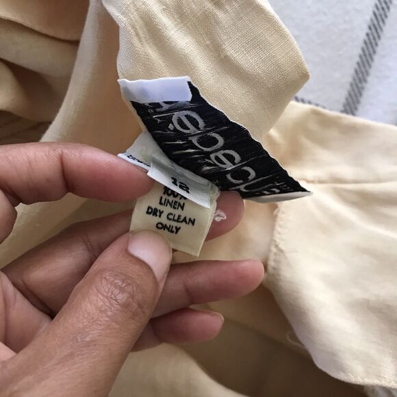 Vintage 1980s Butter Yellow Neutral Linen Dolman Sleeve Chic Midi Shirt Dress L - Picture 9 of 10